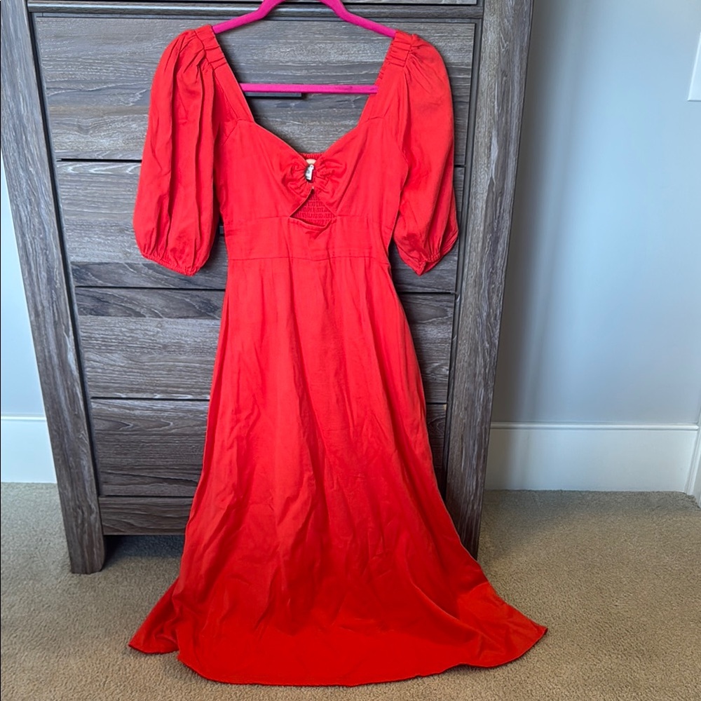 Billabong Elegant Red Puff Sleeve Midi Dress Front Cut Out XSmall